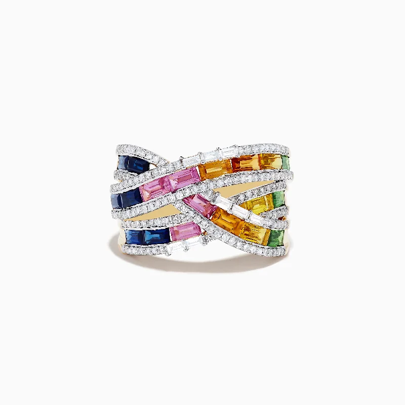 Custom gemstone rings-Watercolors 14K Gold Multi Sapphire and Diamond Crossover Ring