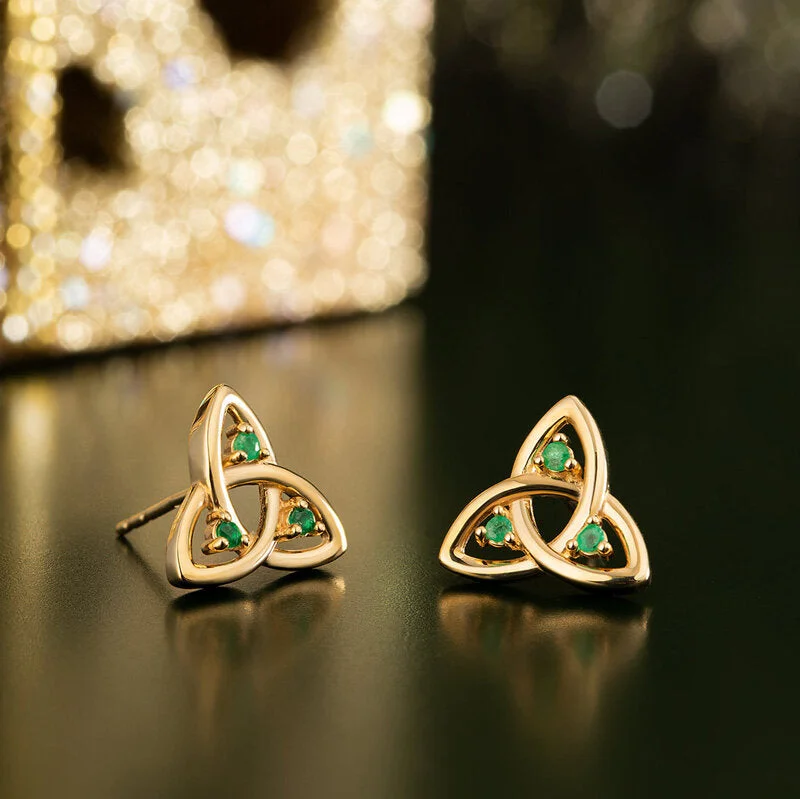 Large Stud Earrings-14K Gold Emerald Trinity Knot Stud Earrings