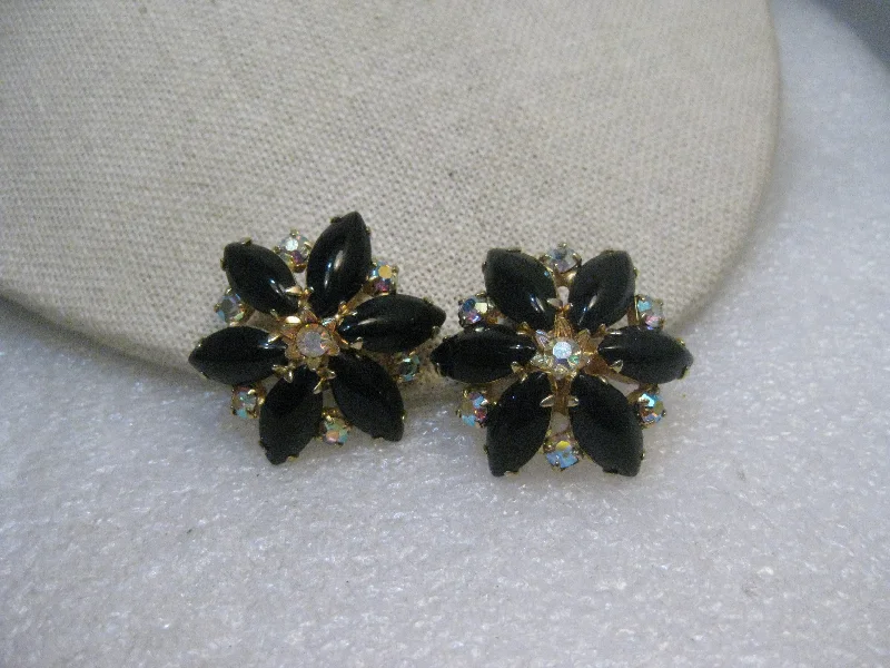 Gold Earrings Set For Wedding-Vintage Black Rhinestone Clip Earrings, Black/Clear, Gold Tone, 1.25", 1960's