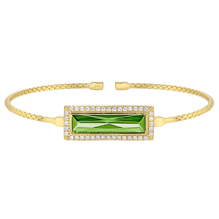 Slim Gold Bracelets For Women-Gold Finish Sterling Silver Cable Cuff Bracelet with Rectangular Simulated Peridot Stone and Simulated Diamonds