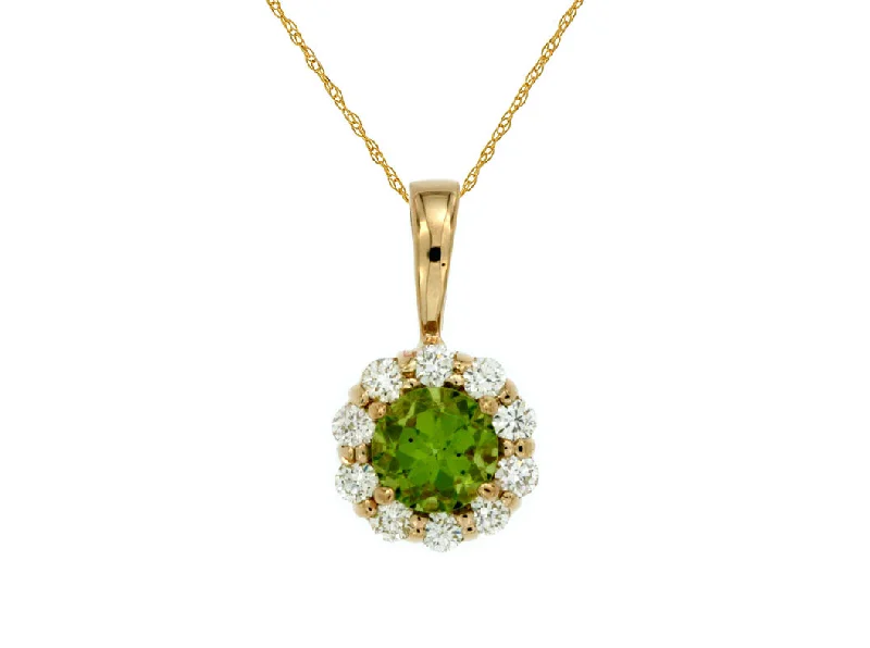 Bridal Pendant Necklaces -14K Yellow Gold Round Peridot and Diamond Halo Pendant Necklace