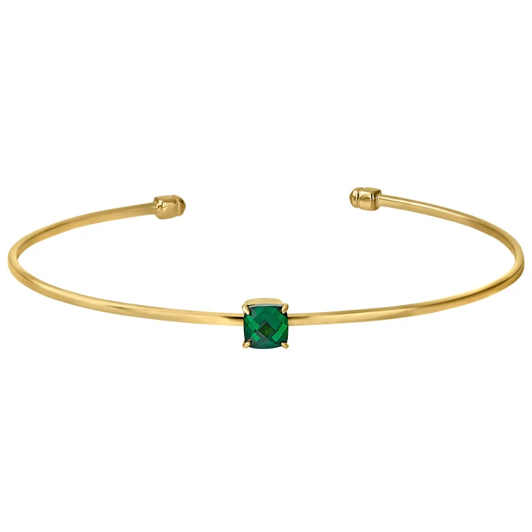 Custom Bracelets For Personalized Gifts-Gold Finish Sterling Silver Pliable Cuff Bracelet with Faceted Cushion Cut Simulated Emerald Birth Gem - May