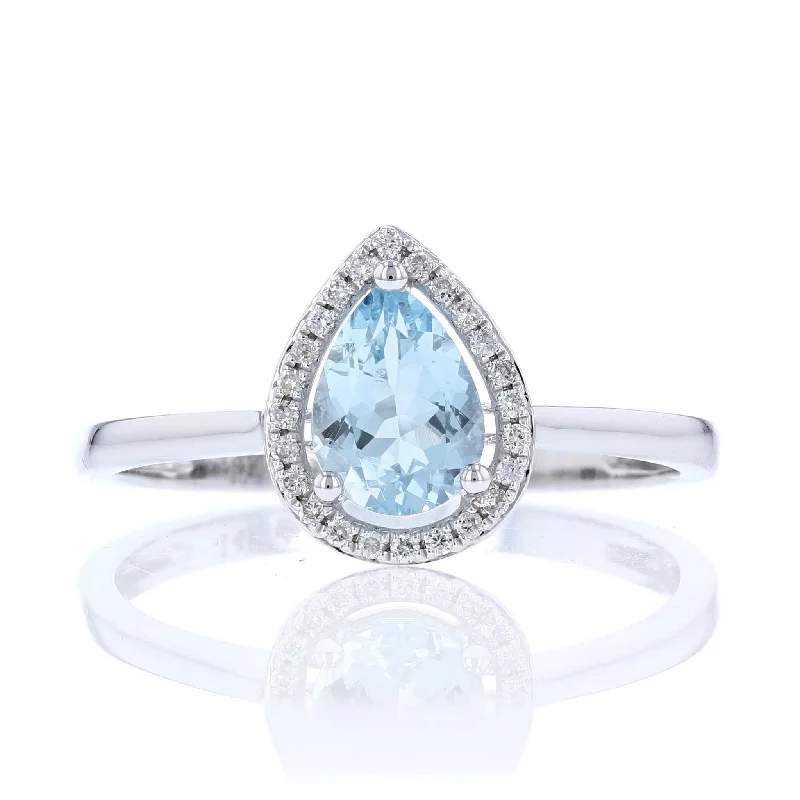 Wedding bands with gemstones-Aquamarine & Diamond Pear Halo Ring