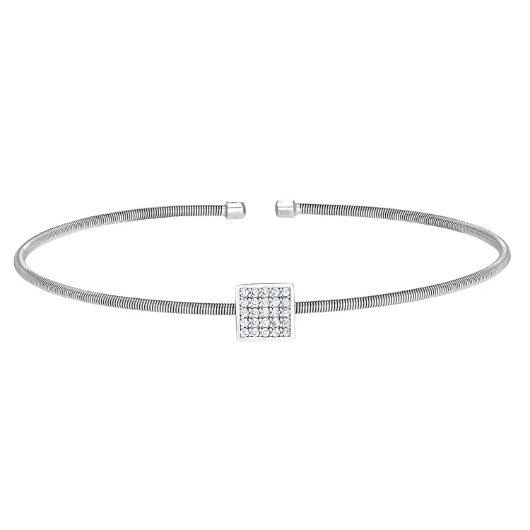 Silver Wrap Bracelets For Women-Rhodium Finish Sterling Silver Cable Cuff Square Bracelet with Simulated Diamonds