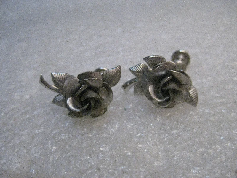 Silver Earrings With Charms-Vintage Sterling  Silver Rose Earrings, singed A & Z, 5 grams, 1960's