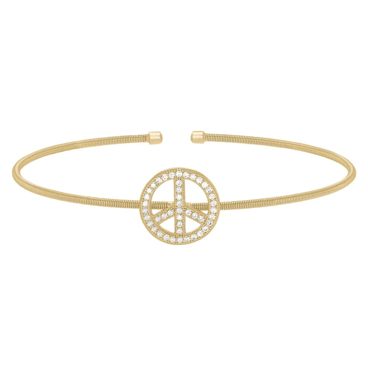 Bracelets For Special Days-Gold Finish Sterling Silver Cable Cuff Peace Sign Bracelet with Simulated Diamonds