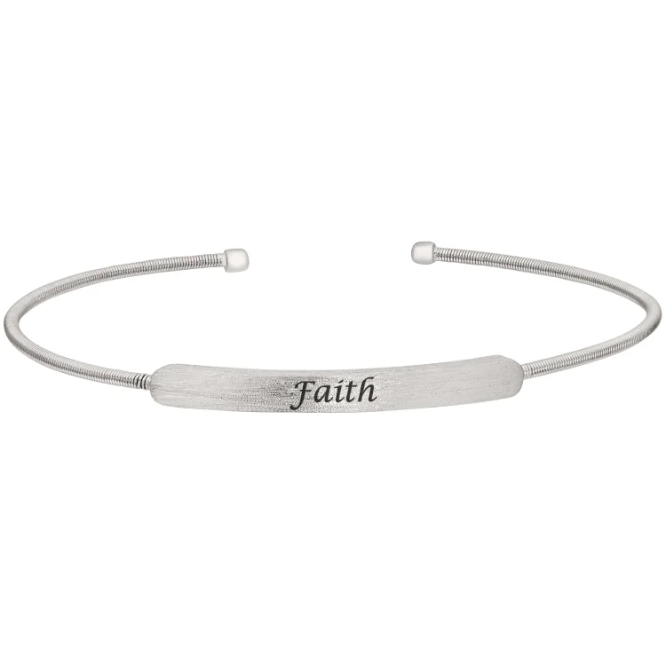 Custom Bracelets With Name-Rhodium Finish Sterling Silver Cable Cuff Bracelet with Name Plate - FAITH