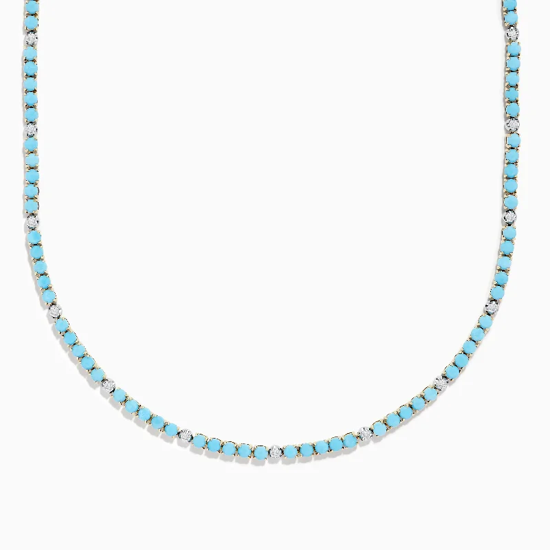 Unique Pendant Necklaces -14k Yellow Gold Turquoise and Diamond Tennis Necklace