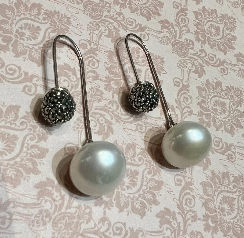 Silver Earrings-Freshwater Pearl Silver Marcasite Hoop Drop Earrings