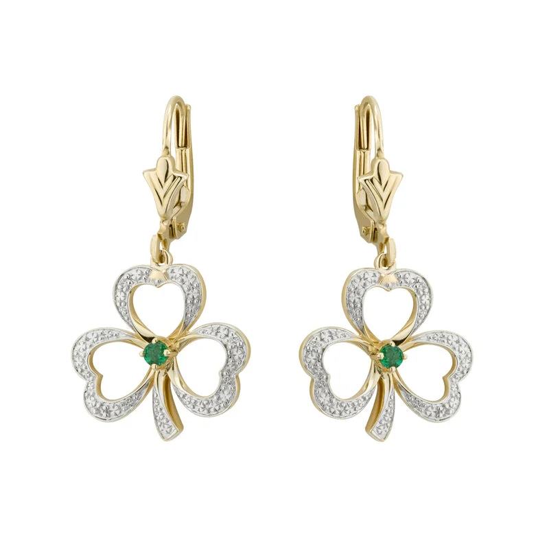 Oval Hoop Earrings-14K Diamond Emerald Shamrock Drop Earrings