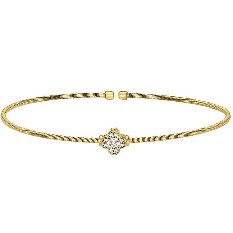 Simple Charm Bracelets For Women-Gold Finish Sterling Silver Cable Cuff Bracelet with Simulated Diamond Clover Design