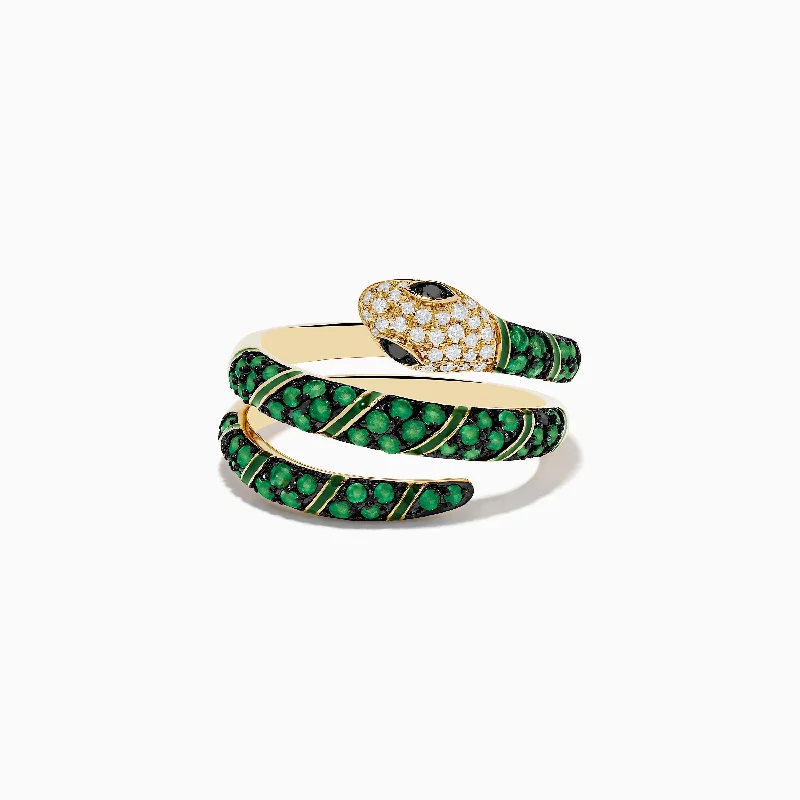 Wedding rings with custom engravings for women-Brasilica 14K Yellow Gold Emerald and Diamond Wrap Snake Ring