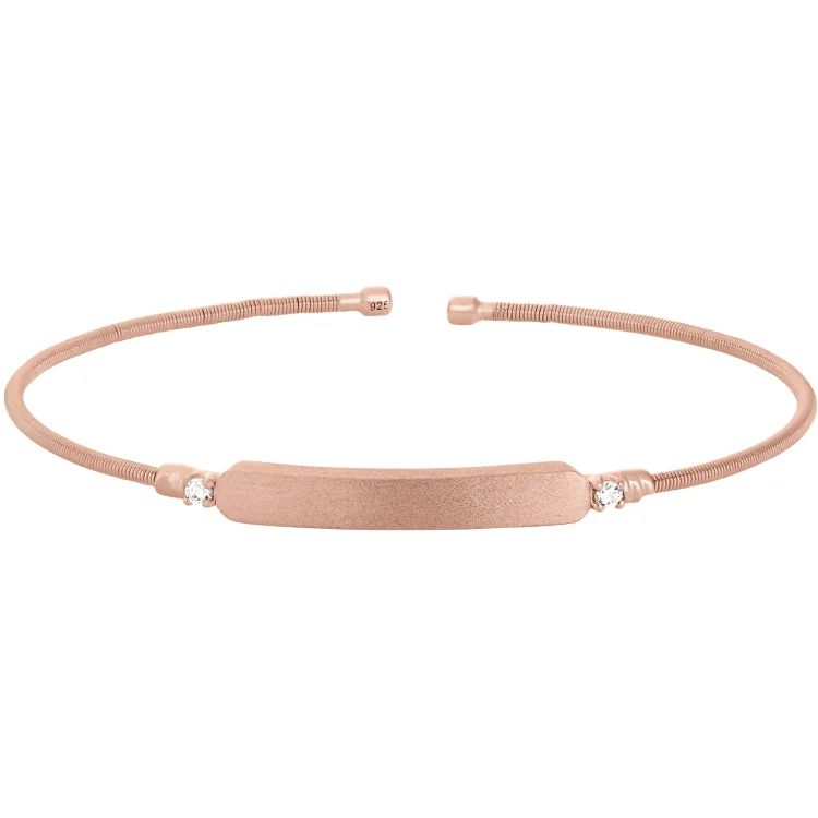 Stackable Bracelets With Charms-Rose Gold Finish Sterling Silver Cable Cuff Bracelet with Name Plate and Simulated Diamond Birth Gems - April