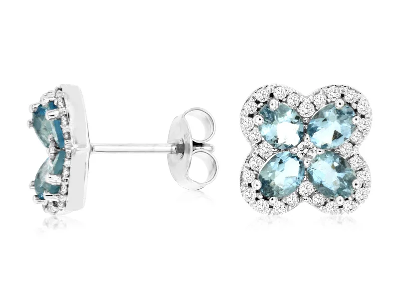 Party Dangle Earrings-14K White Gold Oval Aquamarine Diamond Clover Stud Earrings