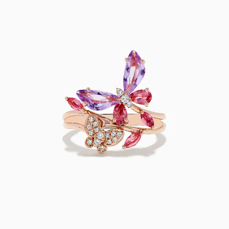 Amethyst rings-14K Rose Gold Diamond and Multi Stone Butterfly Ring