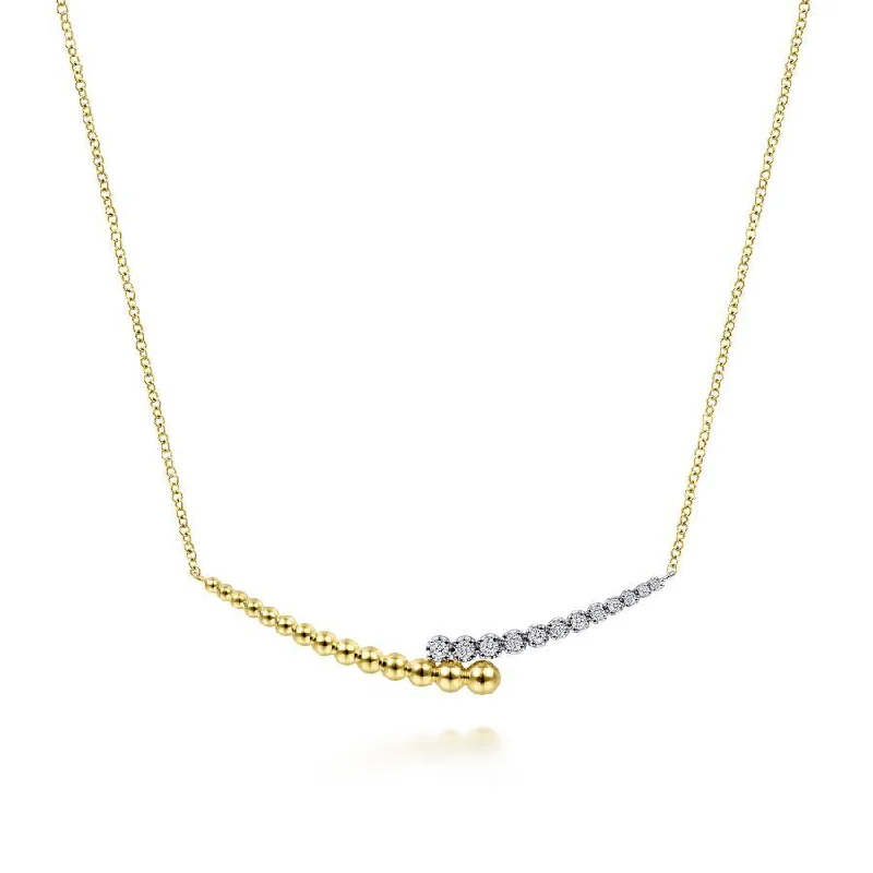 Designer Gold Necklaces -Gabriel & Co. - NK6362M45JJ - 14K Yellow-White Gold Diamond Pav‚ and Bujukan Bead Curved Bar Necklace