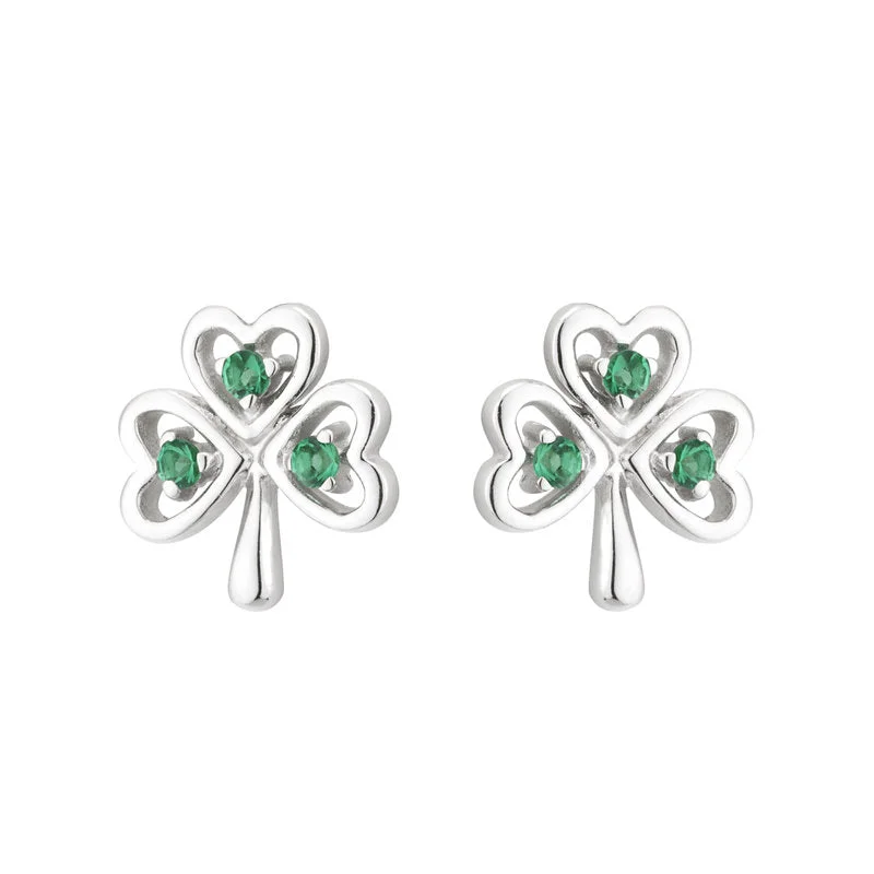 Silver Drop Earrings-Sterling Silver Crystal Shamrock Stud Earrings