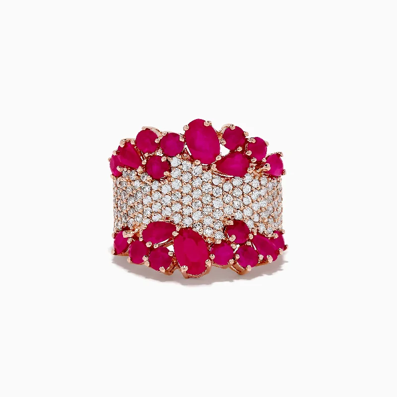 Men's wedding rings with gemstones-Ruby Royale 14K Rose Gold Ruby and Diamond Cocktail Ring