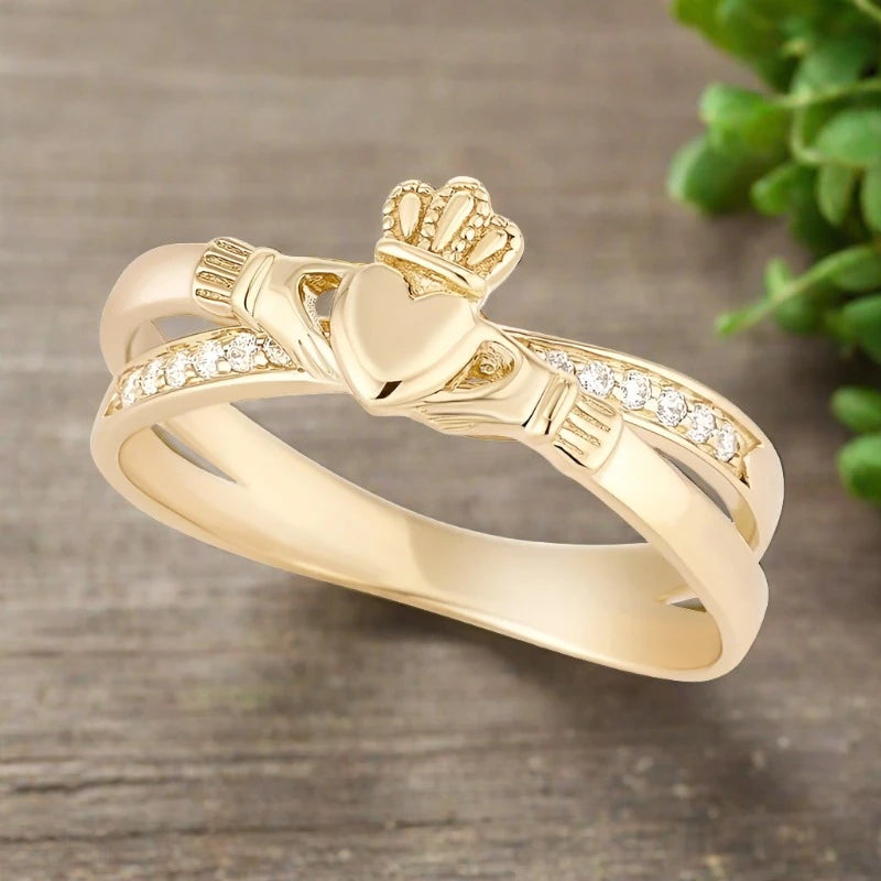 Unique wedding bands with gemstones-10K Gold CZ Claddagh Crossover Ring