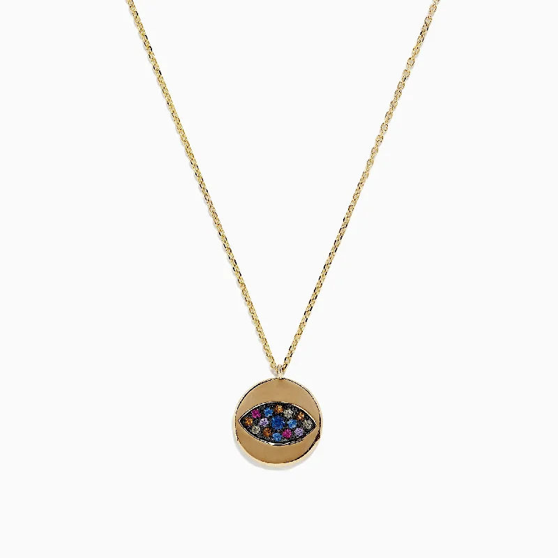 Custom Birthstone Pendants -14K Yellow Gold Multi Sapphire and Diamond Evil Eye Necklace, 0.29 TCW