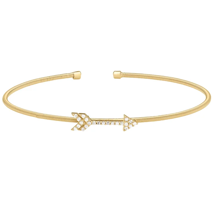 Silver And Gold Bracelets For Women-Gold Finish Sterling Silver Cable Cuff Arrow Bracelet with Simulated Diamonds