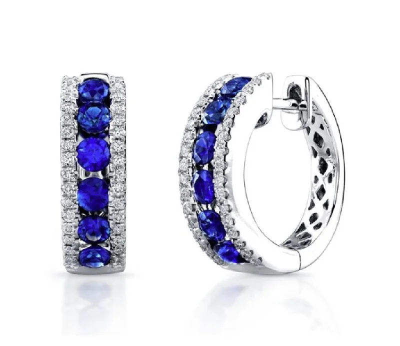 Drop Earrings For Party-14k White Gold Diamond & Sapphire Huggie Hoop Earrings