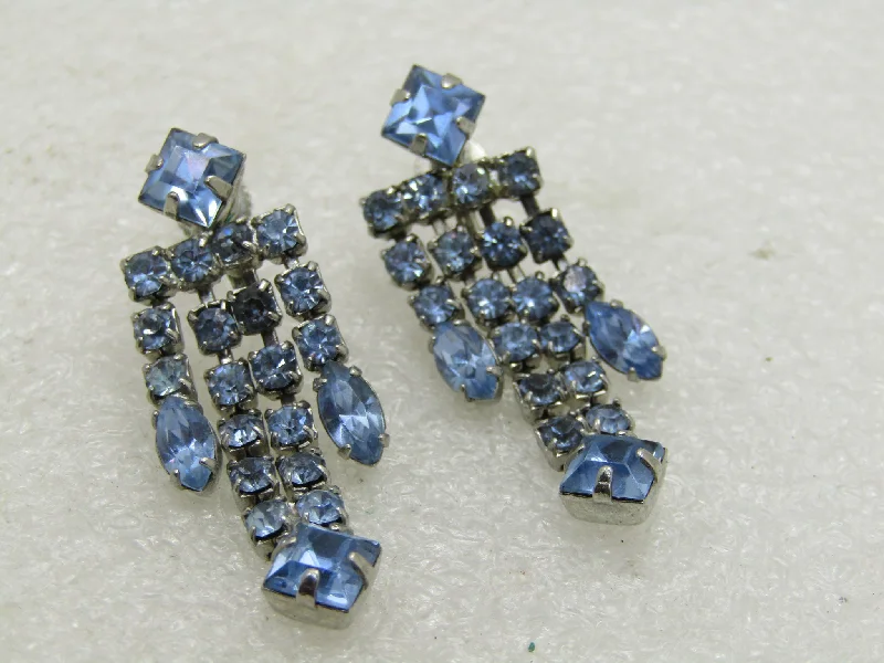 Silver Earrings Set For Wedding-Vintage Blue Rhinestone Stud Dangle Earrings, Screw Back, Silver Tone, 1.75"