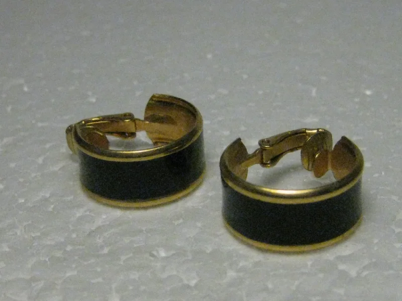 Crystal Earrings With Silver-Vintage 1960's Goldtone Black Enameled Wide Petite Hoop Clip-on Earrings, 3/4" long, 1/3" wide