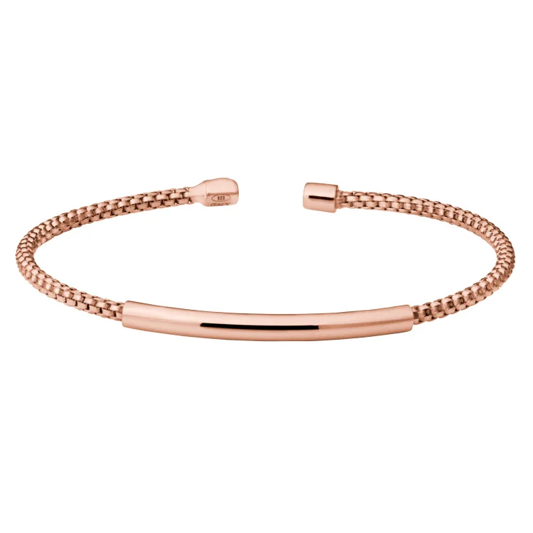 Wide Leather Bracelets For Men-Rose Gold Finish Sterling Silver Rounded Box Link Cuff Bracelet with High Polished Bar