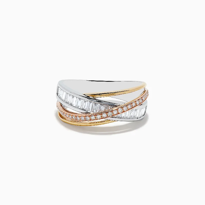 Affordable gemstone wedding bands-Trio 14K Three-Tone Gold Diamond Crossover Ring