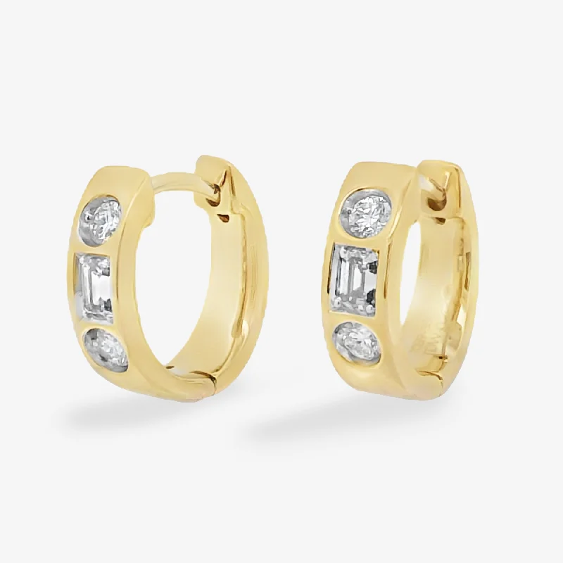 Star Earrings-Burnished Emerald Cut & Round Diamond Huggie Earrings