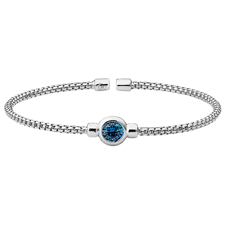 Stylish Men's Bracelets With Leather-Rhodium Finish Sterling Silver Rounded Box Link Cuff Bracelet with Bezel Set Simulated Blue Topaz Birth Gem