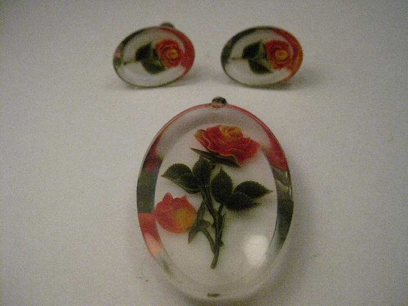 Designer Drop Earrings-Vintage Lucite Reverse Painted Rose Pendant & Matching Screw Back Earrings, Mid-Century