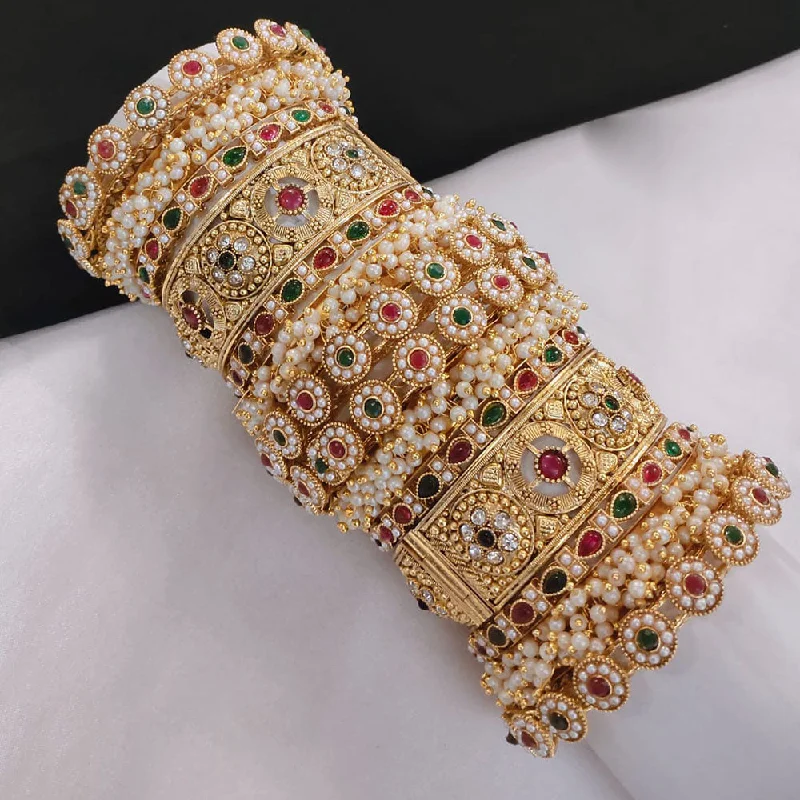 Silver Bangles With Stunning Finish-Lucentarts Jewellery Gold Plated Pota Stone And Pearls Openable Bangles Set