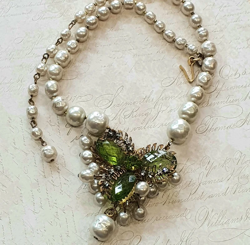 Customizable Silver Necklaces -Miriam Haskell Vintage Necklace Pearl Green Glass