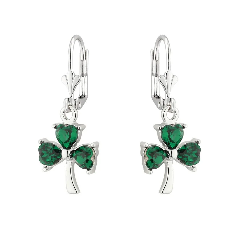 Clip On Hoop Earrings-Sterling Silver Green Crystal Shamrock Drop Earrings