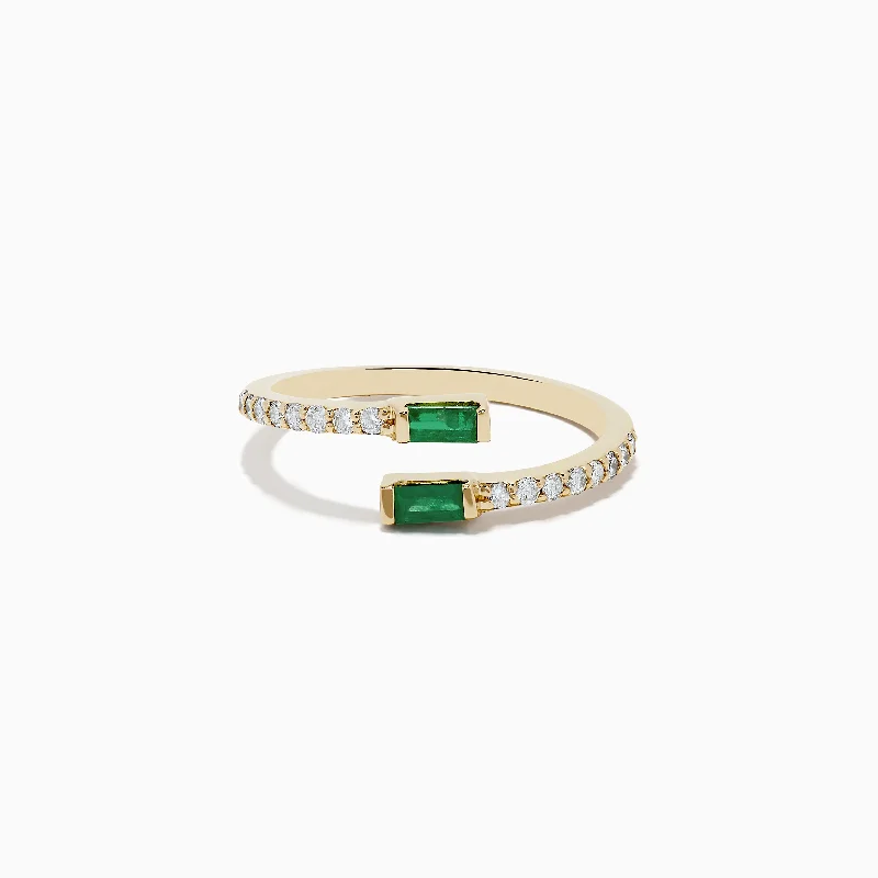 Simple wedding bands for women-14K Yellow Gold Emerald and Diamond Bypass Ring