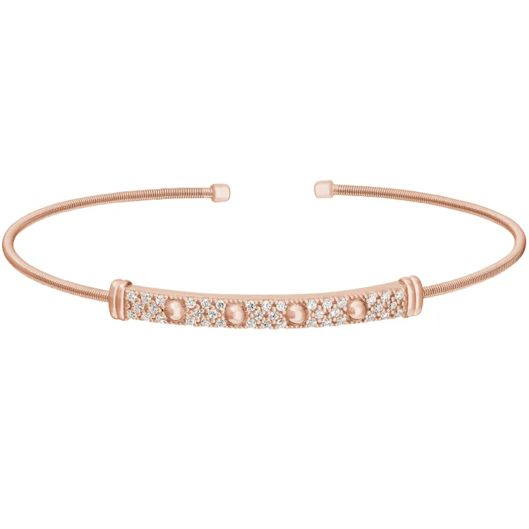 Engraved Name Bracelets For Women-Rose Gold Finish Sterling Silver Cable Cuff Bracelet with Four Beads & Simulated Diamonds