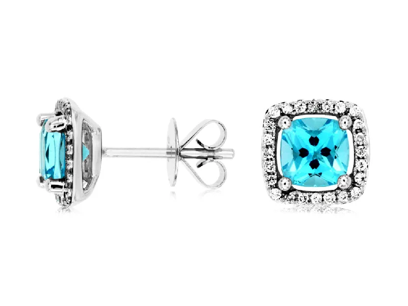 Large Hoop Earrings For Men-14K White Gold Cushion Cut Blue Topaz with Diamond Halo Stud Earrings