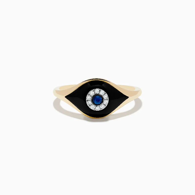 Engagement rings for men-Novelty 14K Yellow Gold Sapphire Agate and Diamond Evil Eye Ring