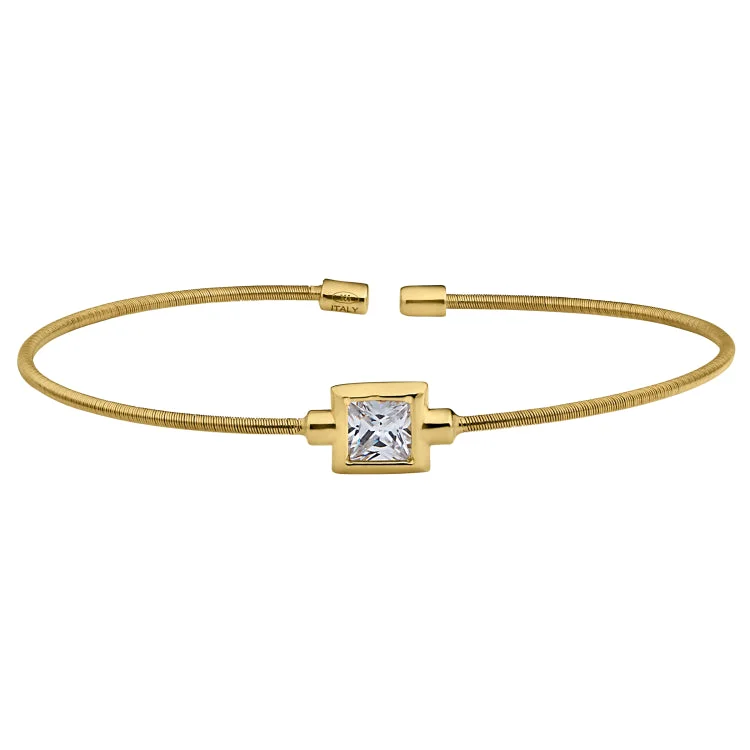 Friendship Bracelets For Kids-Gold Finish Sterling Silver Cable Cuff Bracelet with Princess Cut Simulated Diamond Birth Gem