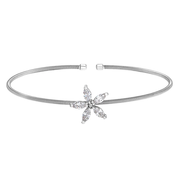 Custom Engraved Bracelets For Women-Rhodium Finish Sterling Silver Cable Cuff Flower Bracelet with Simulated Diamonds