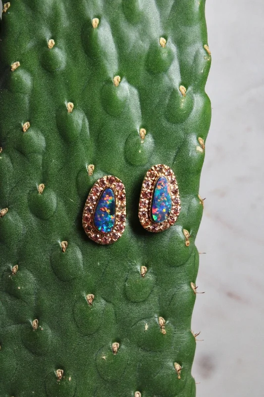 Chunky Gold Earrings-14K Australian Blue Opal x Peach Sapphire Earrings