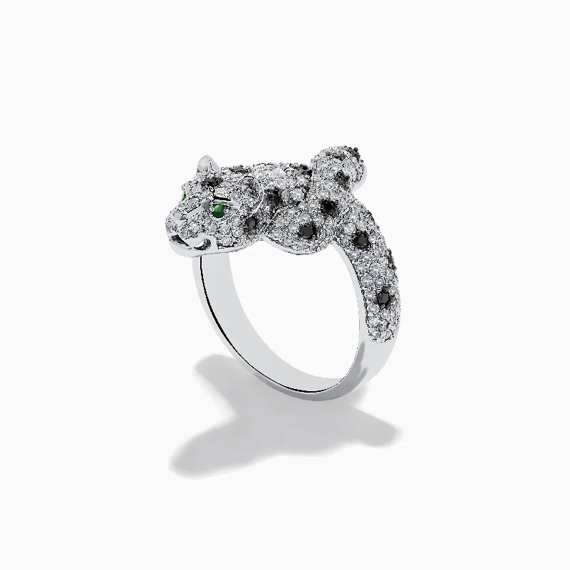 Custom-made rings with diamonds-14K White Gold Emerald, White and Black Diamond Panther Ring