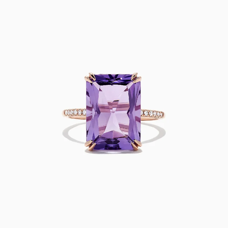 Custom-made rings with diamonds-14K Rose Gold Amethyst and Diamond Ring, 7.26 TCW