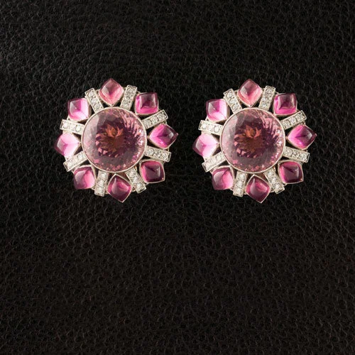 Elegant Dangle Earrings-Pink Tourmaline & Diamond Button Estate Earrings