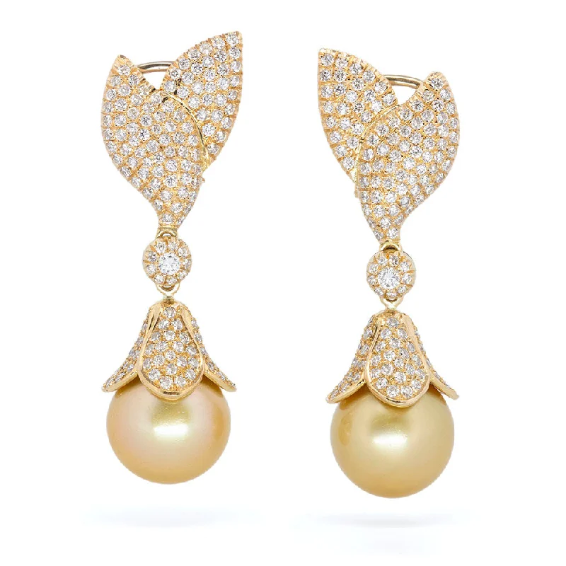 Geometric Drop Earrings-Diamond Leaf Earring with Golden South-Sea Pearls