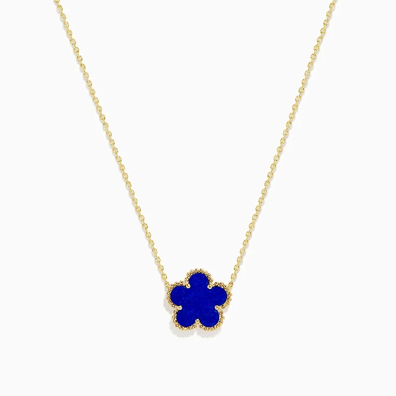 Birthstone Charm Necklaces -Novelty 14K Yellow Gold Lapis Flower Necklace