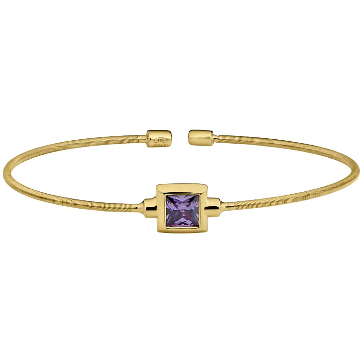 Colorful Beaded Bracelets For Women-Gold Finish Sterling Silver Cable Cuff Bracelet with Princess Cut Simulated Light Amethyst Birth Gem