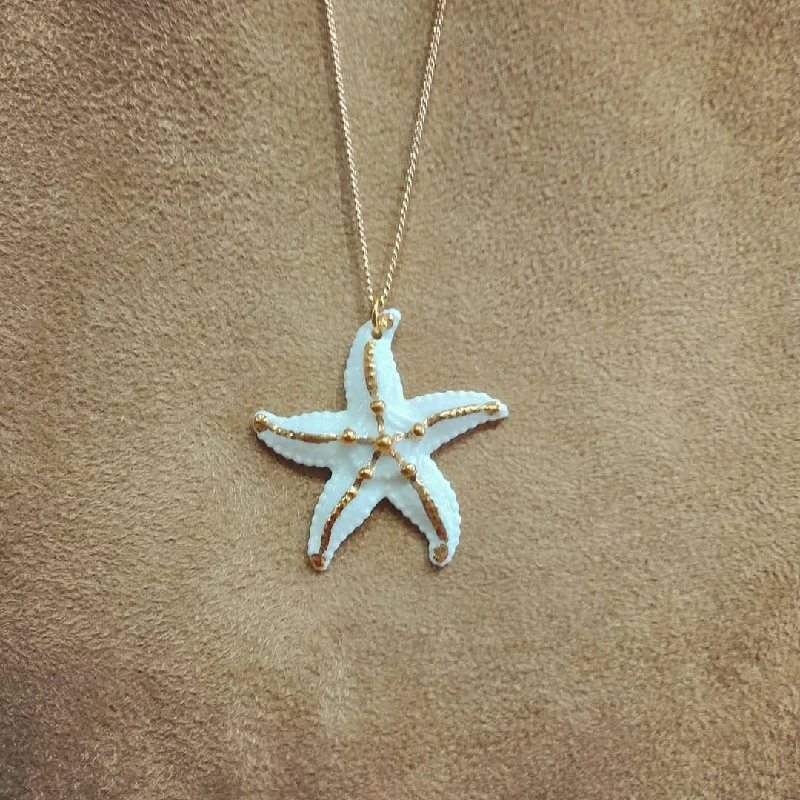 Retro Gold Necklaces -White Starfish Pendant Necklace by And Mary in Porcelaine